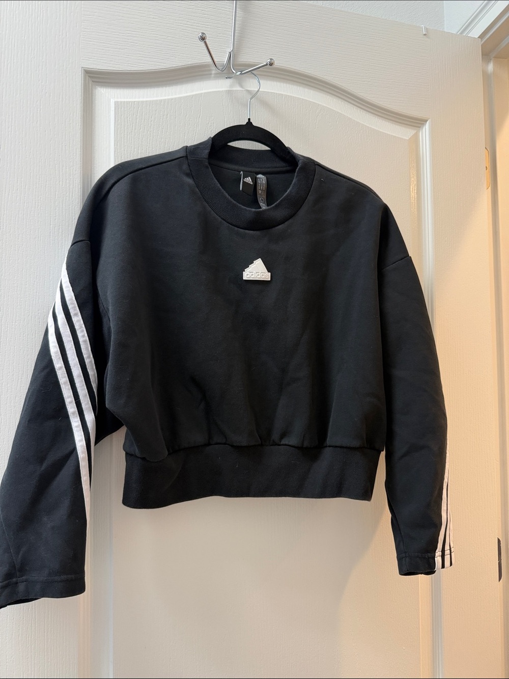 adidas Black Cropped Crewneck Sweatshirt with White Three-Stripes